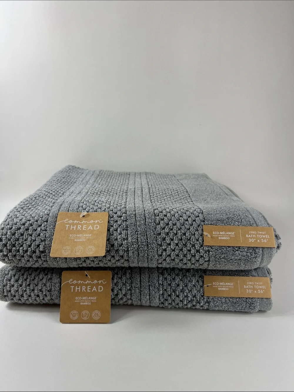 Common Thread Eco Melange BAMBOO Bath Towels Gray Oversized Zero Twist 2 pc NEW